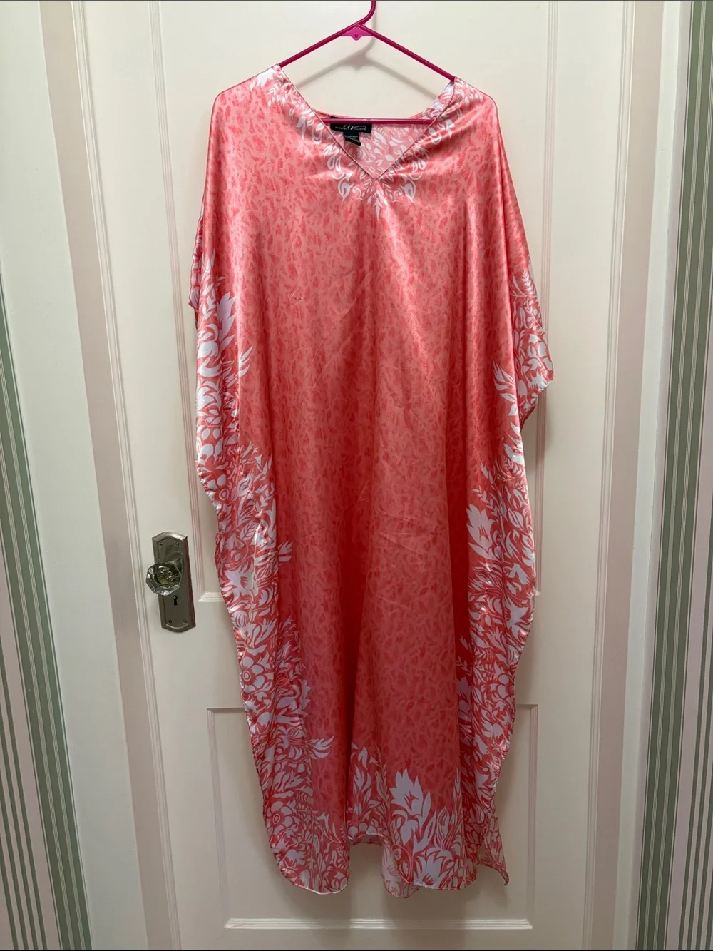 Midnight Velvet Coral Pink Satin Caftan with White Floral Border